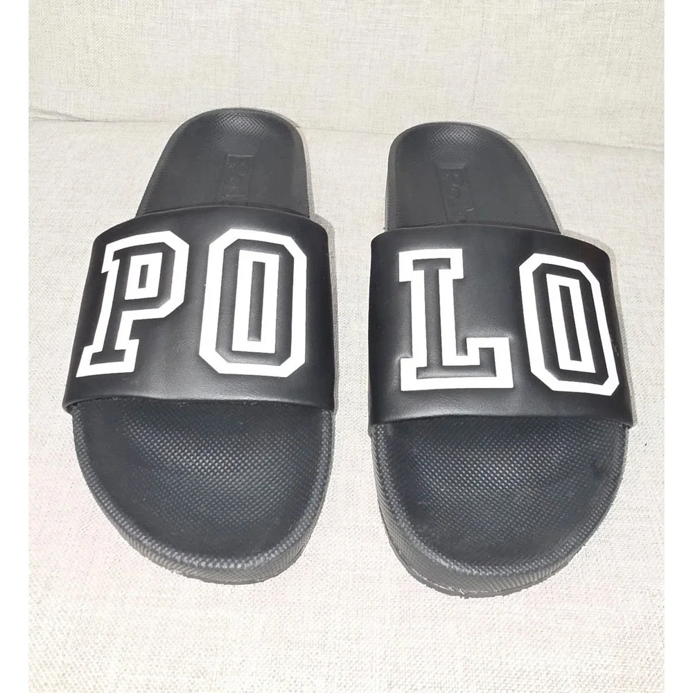 Polo Ralph Lauren Cayson Mens Slides Black White Logo Sandals Size 13 01087-D21